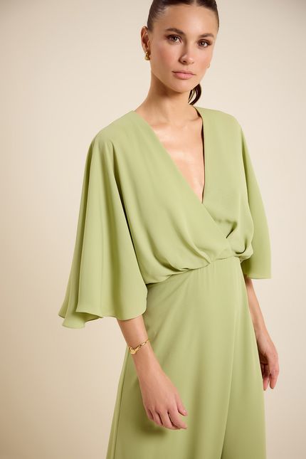 Vestido festa decote transpasse verde seiva