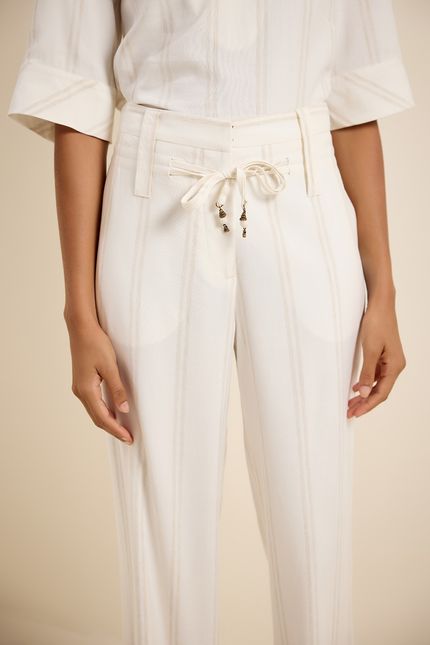 Calça pantalona listra off white com bege concha