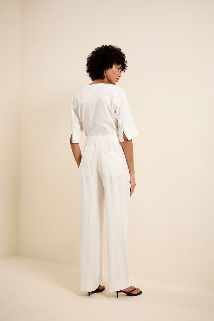 Calça pantalona listra off white com bege concha