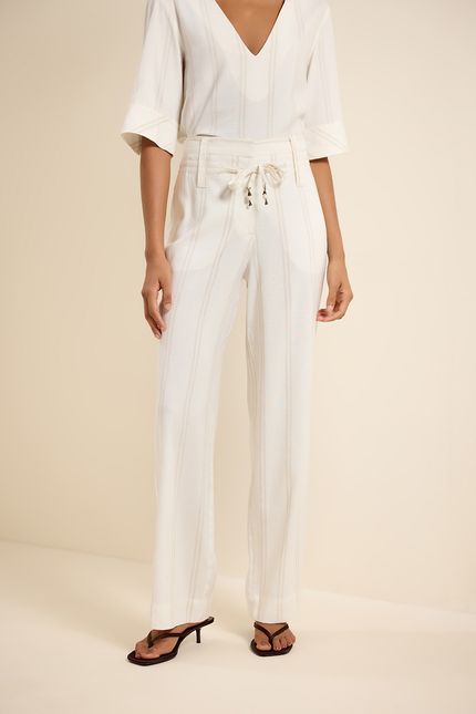 Calça pantalona listra off white com bege concha