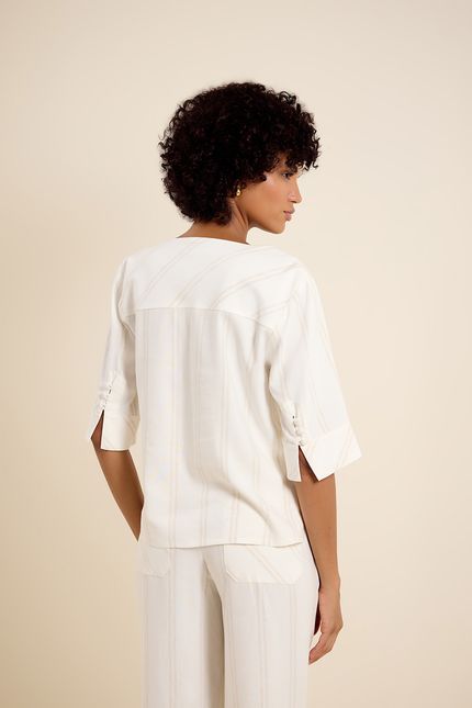 Blusa listra mc off white com bege concha