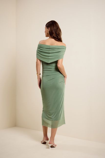 Vestido tule pala franzida verde seiva