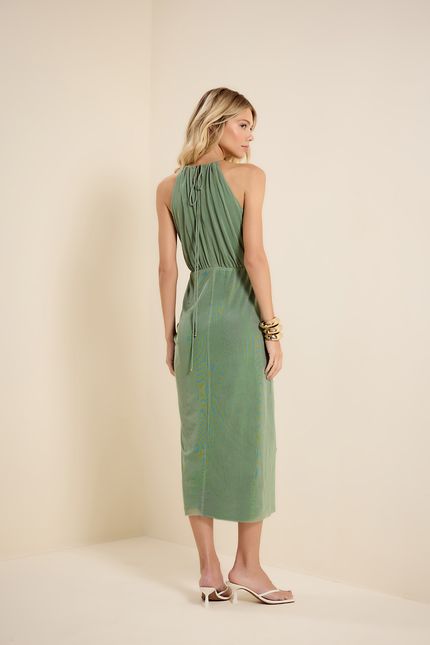 Vestido tule franzido midi verde seiva