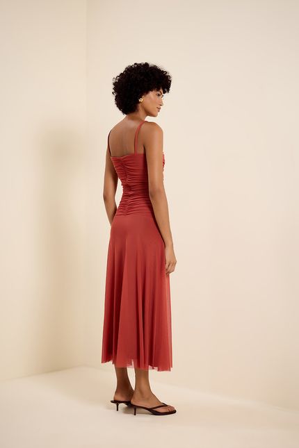 Vestido tule alça drapeado terracota