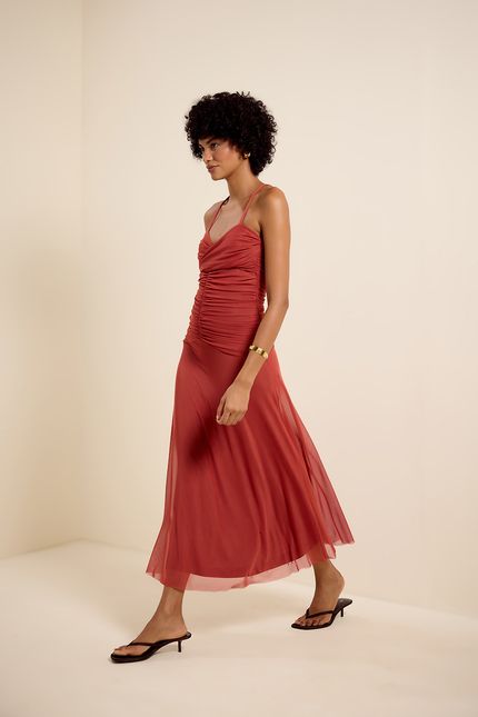 Vestido tule alça drapeado terracota