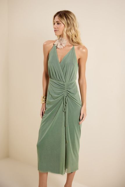 Vestido tule franzido midi verde seiva