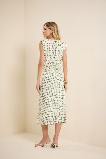 Vestido bio jersey franzido seiva  seiva off white com verde folhagem