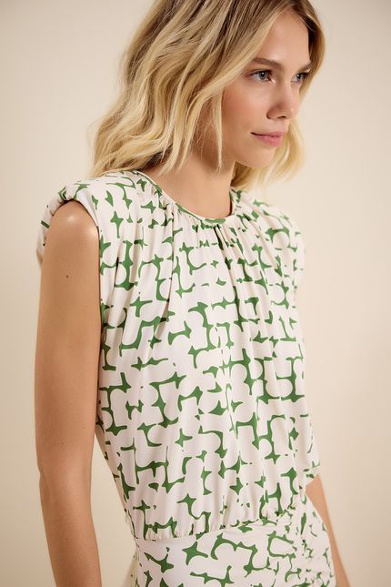 Vestido bio jersey franzido seiva  seiva off white com verde folhagem