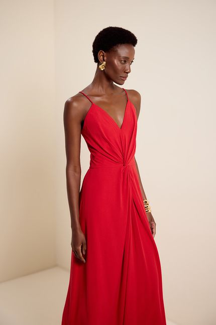 Vestido midi torção vermelho hibisco