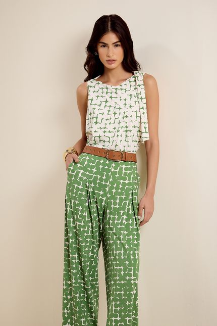 Calça bio jersey reta seiva seiva verde folhagem com off white