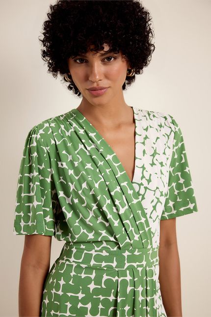 Vestido bio jersey transpassado seiva seiva verde folhagem com off white