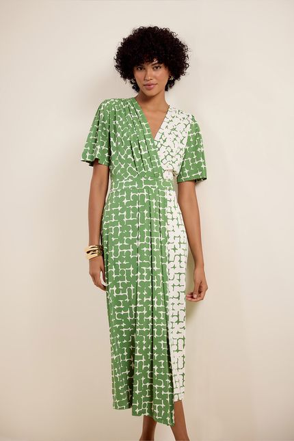 Vestido bio jersey transpassado seiva seiva verde folhagem com off white
