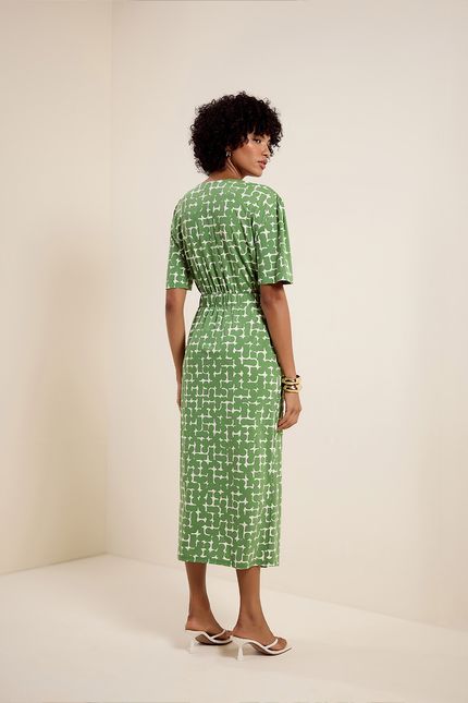 Vestido bio jersey transpassado seiva verde folhagem com off white