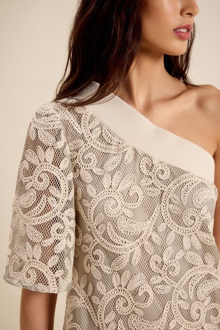 Vestido ombro só tela bordada verde seiva