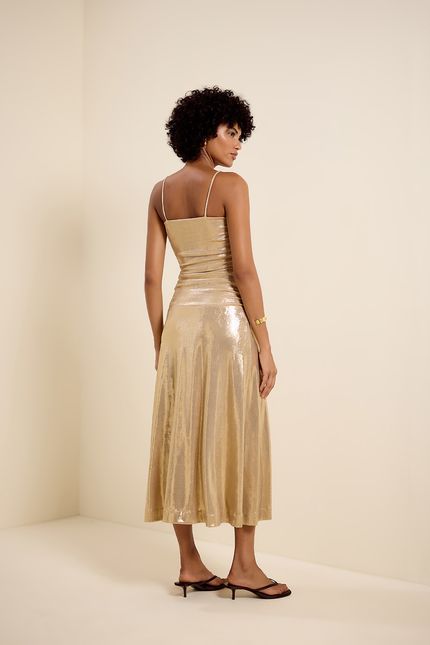 Vestido festa detalhe franzido gold dourado