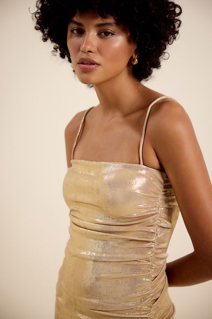 Vestido festa detalhe franzido gold dourado