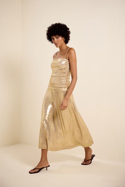 Vestido festa detalhe franzido gold dourado