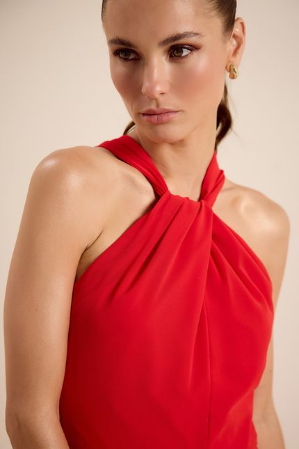 Vestido festa recorte camadas vermelho bromelia