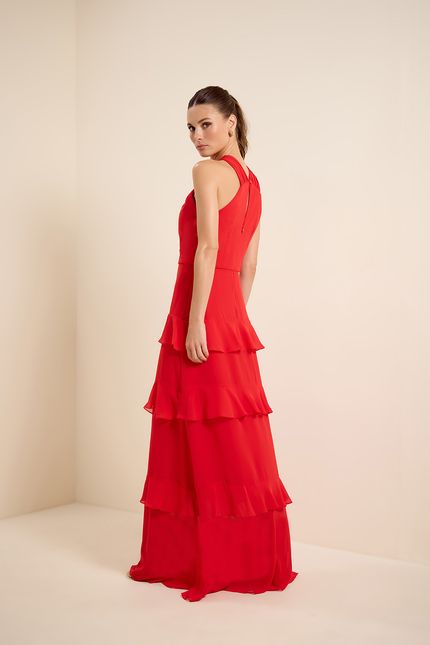 Vestido festa recorte camadas vermelho bromelia