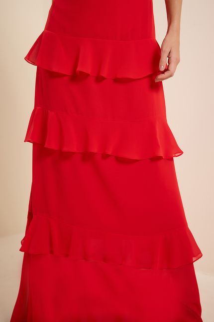 Vestido festa recorte camadas vermelho bromelia