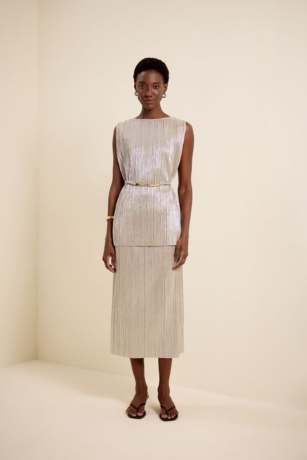 Blusa túnica plissê foil prata