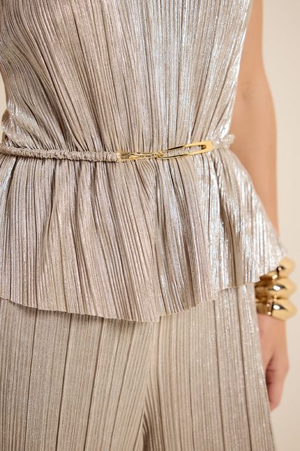 Macacão decote sm plissê foil prata