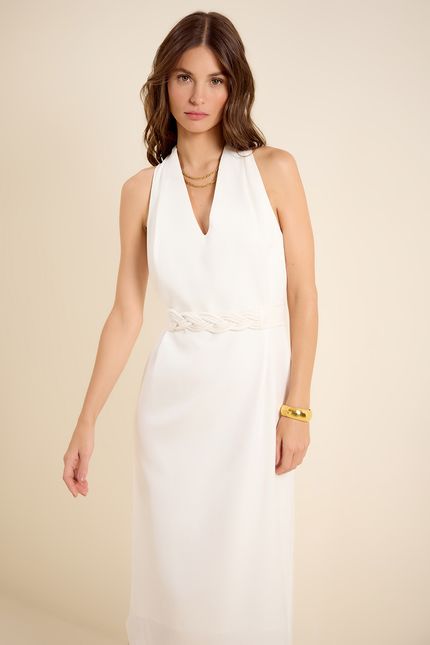 Vestido midi cinto trança off white