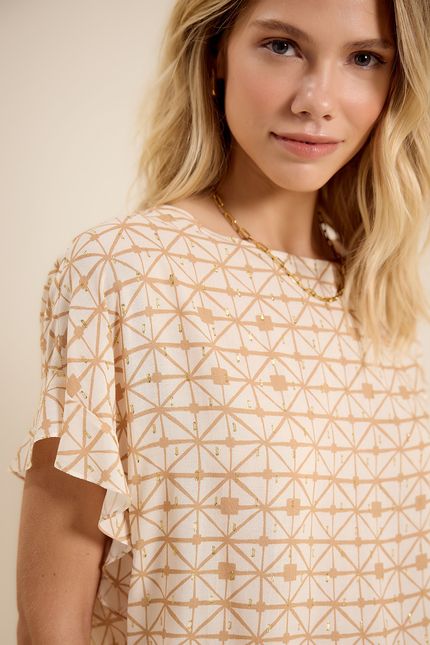 Blusa manga babado mosaico bege tropicalia