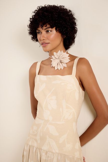Vestido corpo alongado jardim bege tropicalia