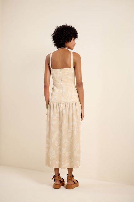 Vestido corpo alongado jardim bege tropicalia