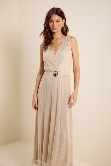 Vestido decote transpassado tela dourado